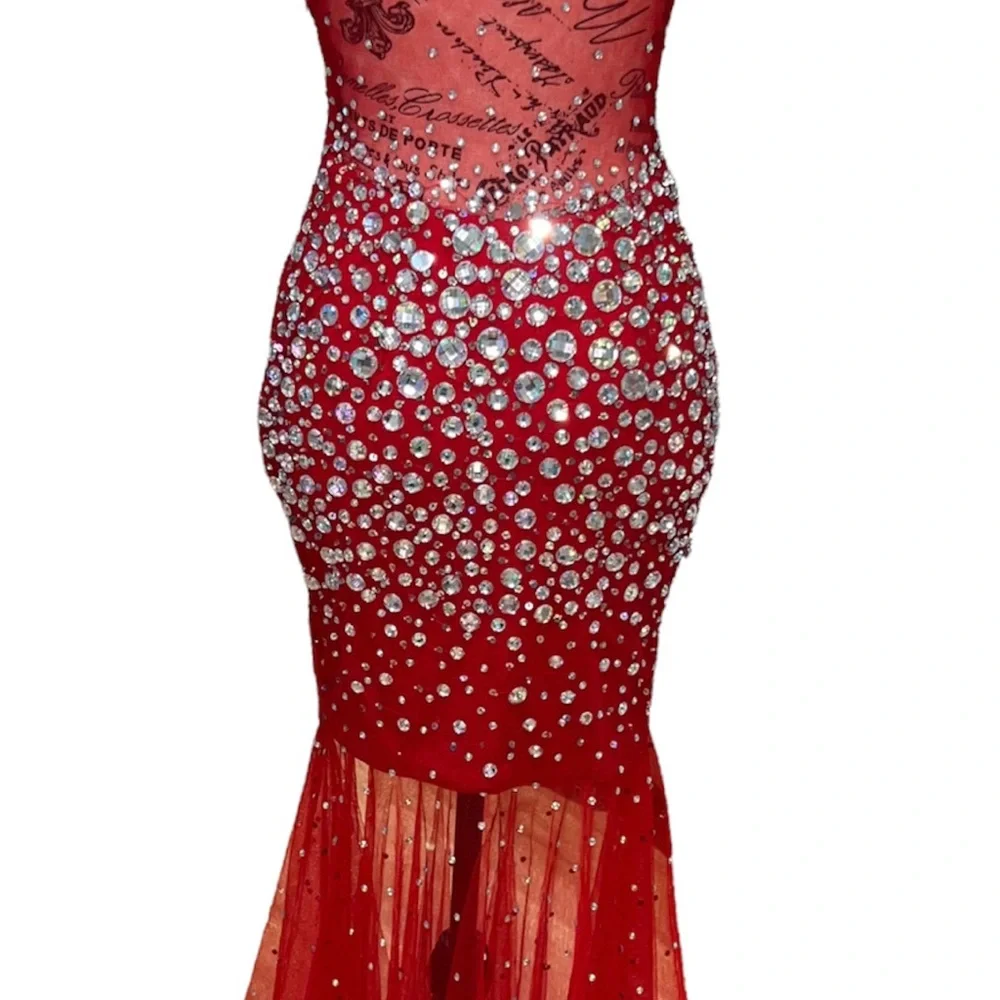 Red Rhinestone Mermaid Formal Prom Dress - Picture 4 of 6